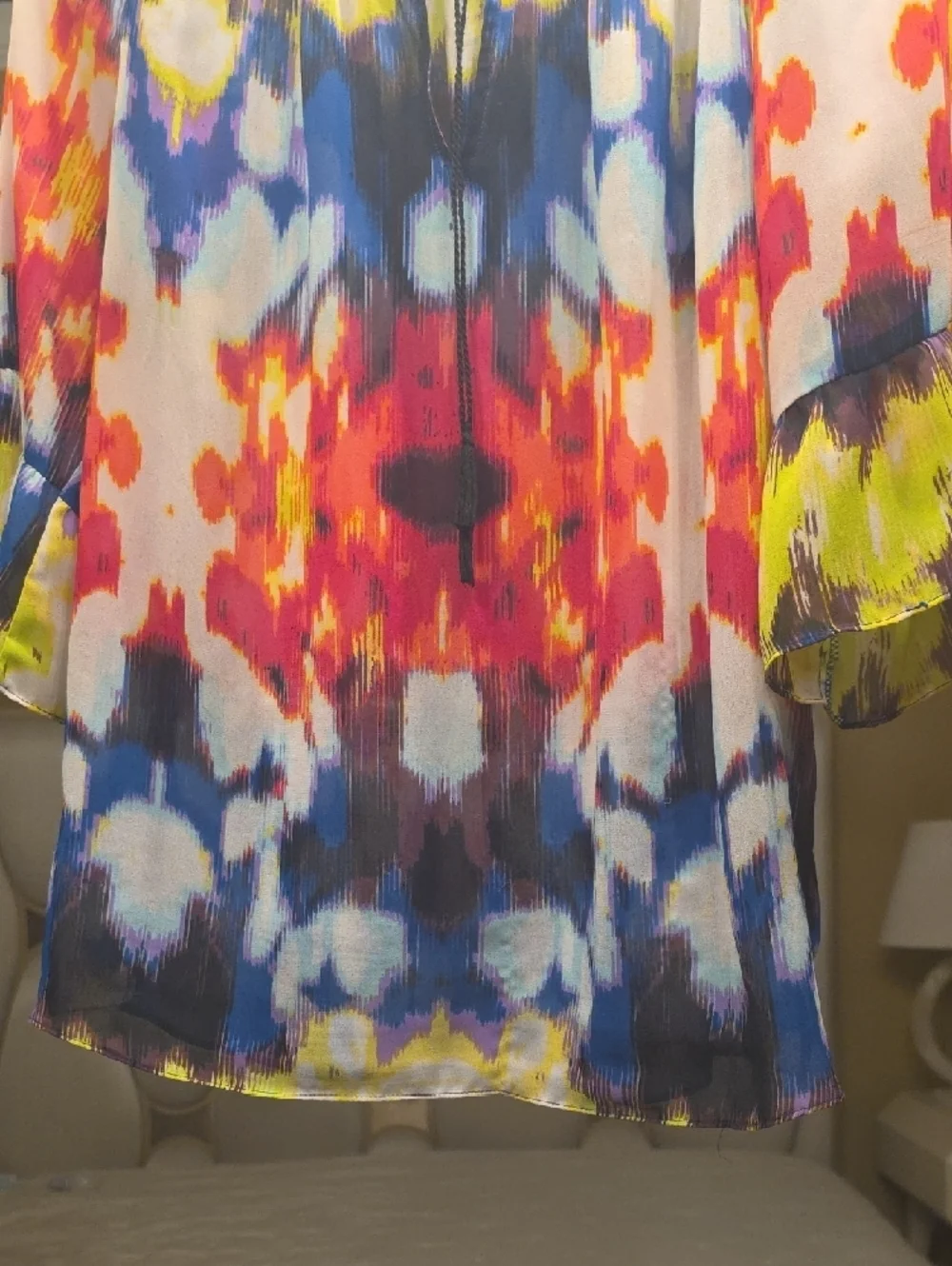 Milly Oversized S Multicolor Ikat-Print Peasant Blouse Yellow, Blue, Pink, Coral